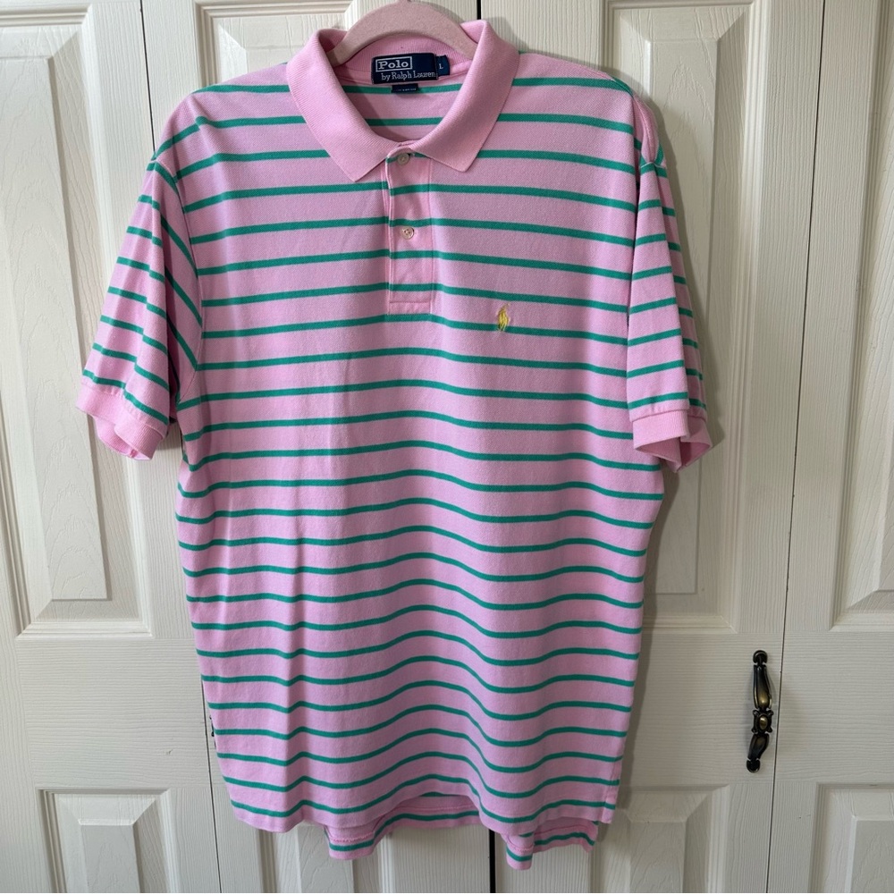 Polo Ralph Lauren Pink Green Striped Cuffed Short Sleeve Polo Mens Size Large